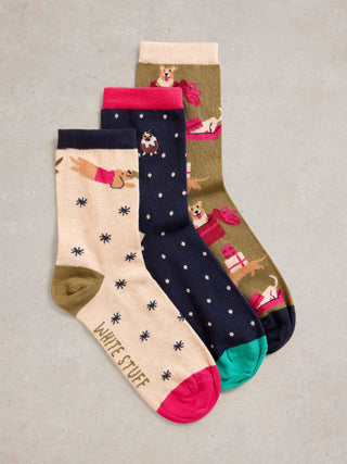 White Stuff 3 Pack Christmas Dog Sock