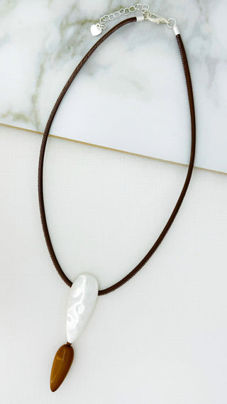 Envy Short Taupe Cord Necklace with a Battered Silver and Resin Pendant