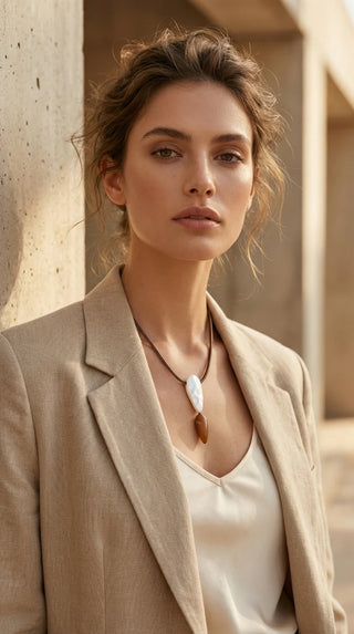 Envy Short Taupe Cord Necklace with a Battered Silver and Resin Pendant