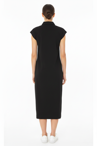 Black Midi Dress Back View with White Trainers