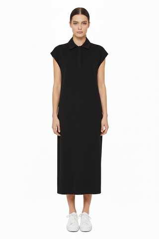 Black Midi Dress with White Trainers