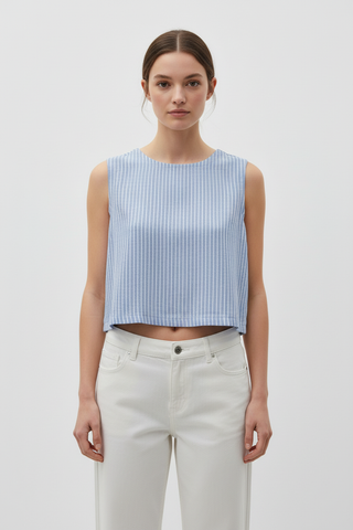 Blue & White Striped Crop Top on Model