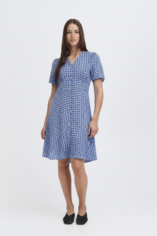 Blue White Geometric Print Dress on Model