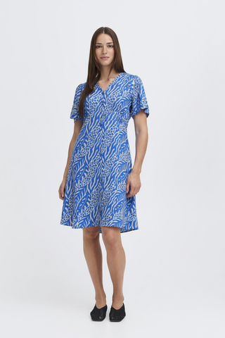 Blue Cream Animal Print Dress on Model