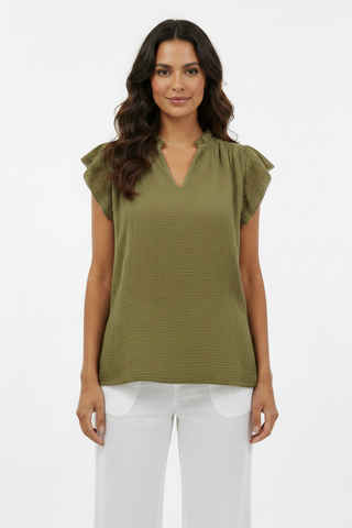 Cotton Waffle Top in Khaki - Portrait
