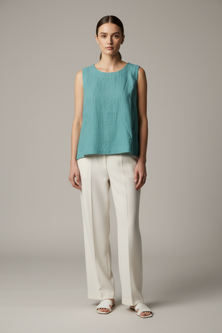 Dreams Linen Viscose Button Back Vest Top - Teal on Model