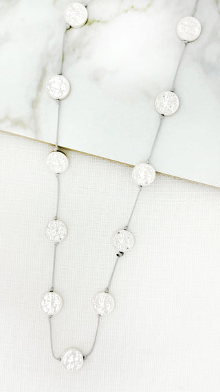 Envy Long Grey Cord Necklace with Silver Textured Coins