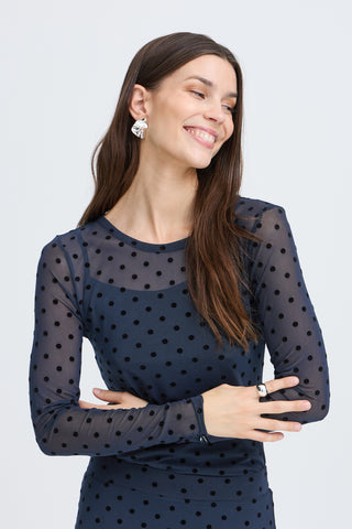 Fransa Deta Long Sleeved Sheer Polka Dot Top