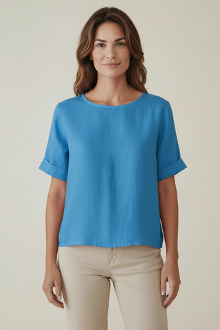 French Blue Linen Top - Front View