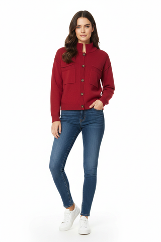 Red knit cardigan on model