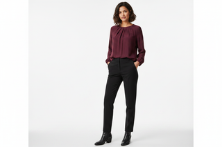 Burgundy blouse on model