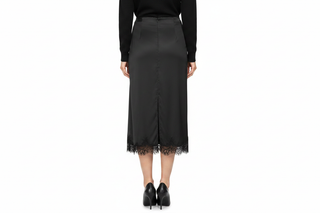 Black Satin Lace Hem Midi Skirt - Back View