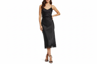 Black Satin Lace Hem Midi Skirt on Model