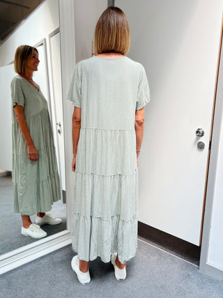 Dreams Wavy Stripe Print Tiered Dress in Khaki: One Size
