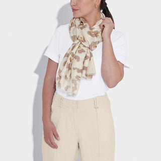 Katie Loxton Abstract Flower Printed Scarf in Light Taupe and Gold