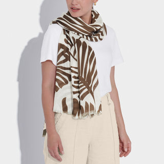Katie Loxton Tropical Leaf Printed Scarf in Off White and Chocolate