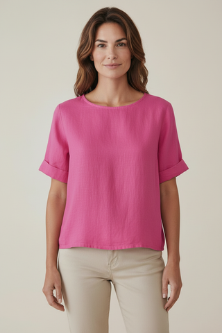 Model Front View - Bubble Pink Linen Top