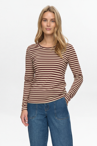 Model in Burgundy & Beige Stripe Top