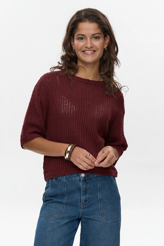 Model in Burgundy Knit Jumper