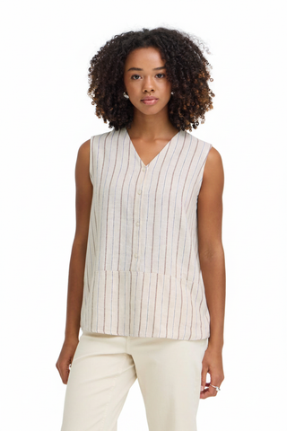 Model with Sleeveless Striped Blouse