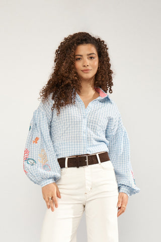 Numph Nusurfer Gingham Shirt with Embroidered Puff Sleeves