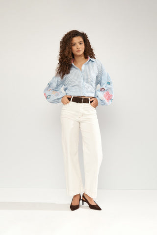 Numph Nusurfer Gingham Shirt with Embroidered Puff Sleeves