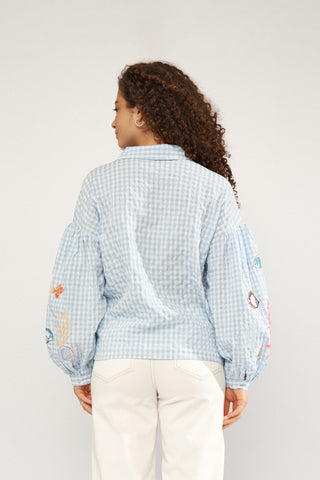 Numph Nusurfer Gingham Shirt with Embroidered Puff Sleeves