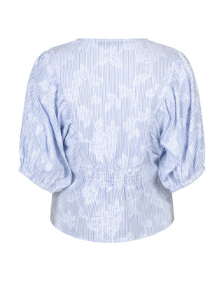 Red Button Blouse Balloon Sleeve Stripe & Flower