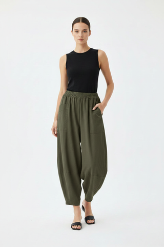 Model with dark khaki trousers