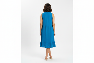 Back view of azure blue dress on model