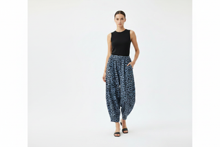 Blue Leopard Print Trousers on Model